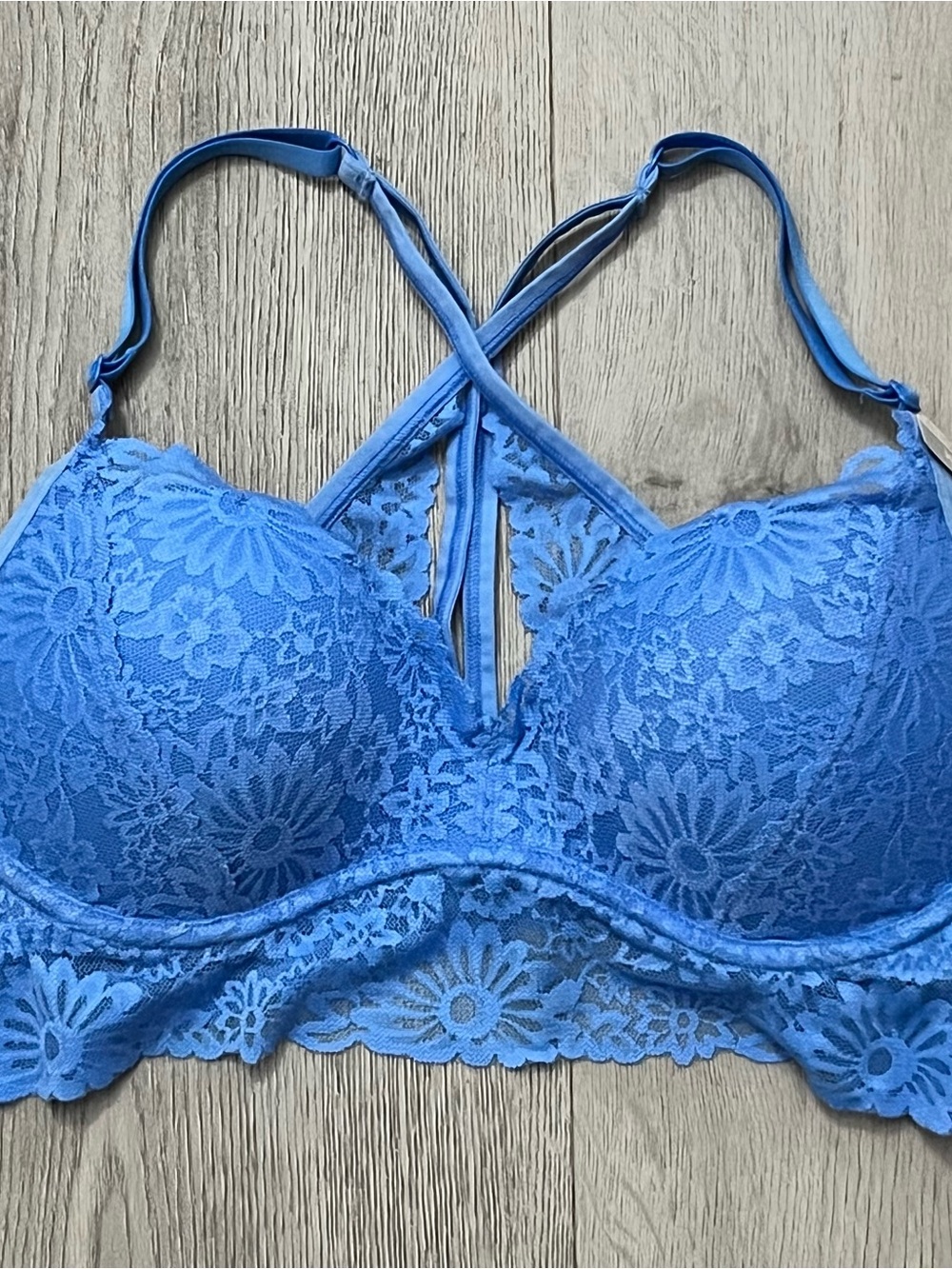 PINK Victoria's Secret Blue Floral Lace Push-Up Bralette with Crisscross Straps